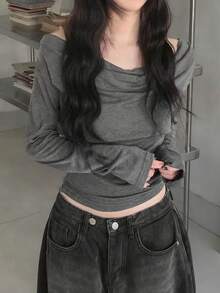 女士宽松露肩修身长袖T恤上衣 - 灰色 - 查看 9