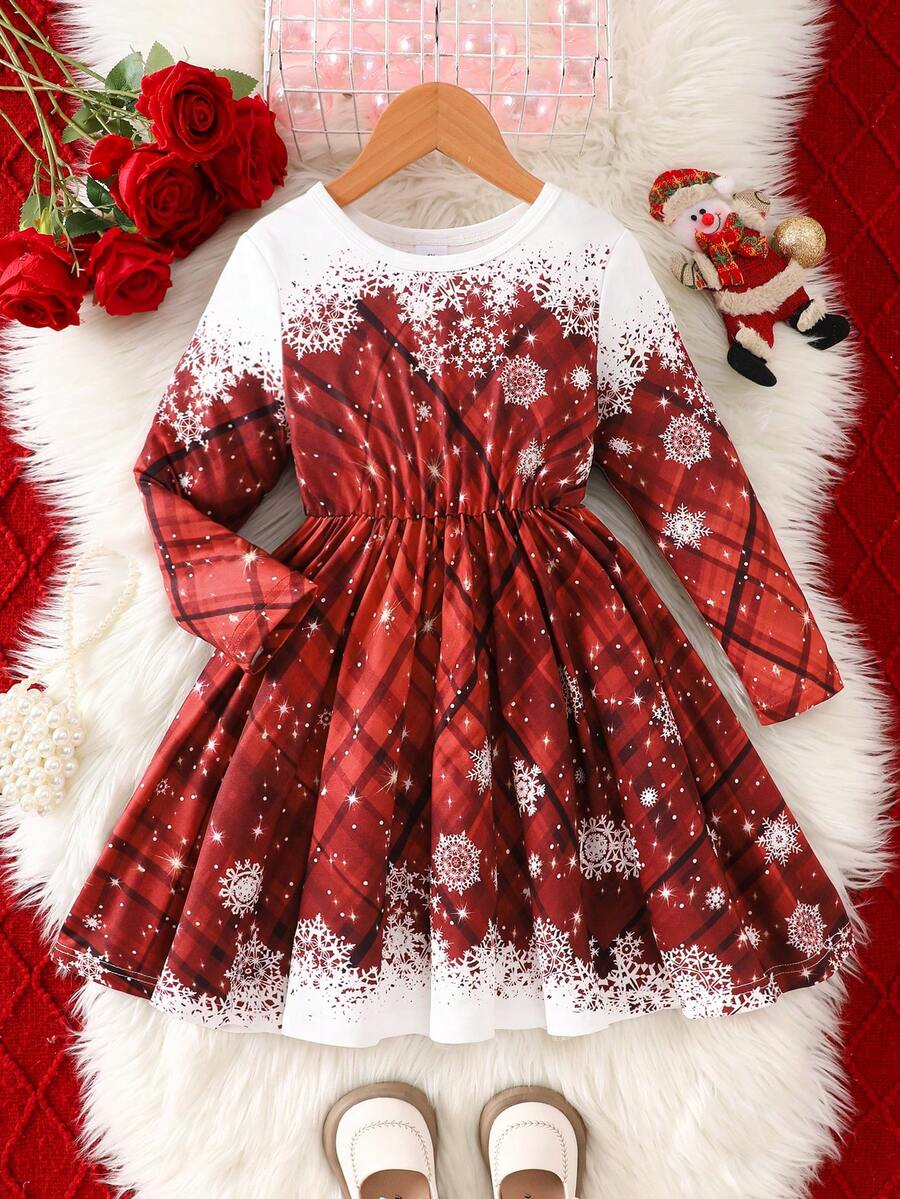 女孩圣诞格子雪花星星印花束腰长袖连衣裙，可爱公主风，适合节日派对、户外休闲装 - 紅色 - 查看 1