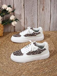Trending Partial Leopard Print White Sneakers, Sweet & Cool Casual Everyday Versatile Women's Sneakers - White Leopard Print - View 3