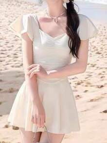 新款时尚连体泳衣，收腹提臀，设计保守，适合游泳、沐浴、学生假期穿着 - 白色 - 查看 3