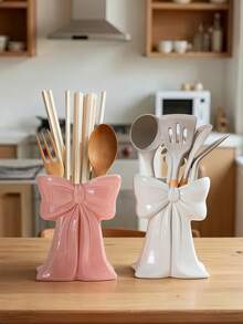 1pc Cute Ceramic Bow-Knot Shaped Utensil Holder, Fashionable Kitchen Utensil Organizer Rack, Can Hold Spoons, Chopsticks, Whisks And Cooking Tools, Modern Decorative Countertop Storage, An Ideal Choice For Home Kitchen Essentials - Multicolor - View 4