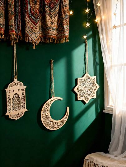 1 Set Ramadan Lantern And Star Moon Hanging Decor, Elegant Islamic Holiday Wall Decoration, Crescent Moon And Stars With Intricate Patterns, Sacred Eid And Ramadan Ornaments, Boho-Style Middle Eastern Home Decor, Suitable For Living Room, Bedroom, Islamic Festivals, Spiritual Aesthetics