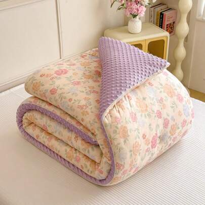 1pc Cartoon Print Knitted Fabric & Velvet Pom-Pom Comforter, Quilted Duvet, All Season Down Alternative Bedding, With Corner Ties, Warm & Soft Quilting Technique, Suitable For Bedroom, Guest Room