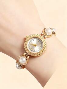 1pc/Set Elegant Floral Bangle Watch With Rhinestones, Adjustable Strap, Quartz Movement, Suitable For Teenage Girls, Birthday Gift, Year-End Promotion - Yellow - View 4