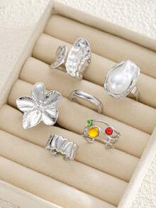 13/3件套复古优雅波西米亚风女士花朵、珍珠和彩色宝石金属戒指套装，适合日常佩戴和派对场合 - 款式34 - 查看 3