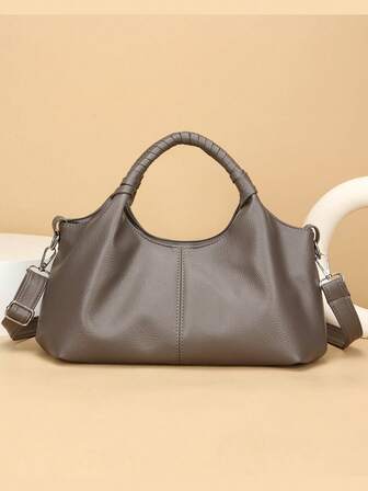 New Vintage PU Leather Women Handbag, Fashion Zipper Shoulder Bag With Detachable Strap, Women Work Travel 2-In-1 Bag, Grey, Black, Green