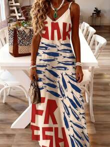 Đầm thời trang Bohemian nữ mùa xuân hè, kiểu dáng thanh lịch, thoải mái, họa tiết chữ cái Latinh và cá in màu tương phản, đầm đi nghỉ mát, dây đeo vai có thể điều chỉnh, kiểu dáng mặc nhà thoải mái, phù hợp cho nhiều dịp, đầm hè dự tiệc cho nữ - Nhiều màu - Xem 5