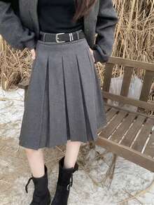 女士新款美式灰色羊毛褶裥A字裙，秋冬修身款 - 灰色 - 查看 1