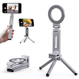 1개 휴대용 접이식 마그네틱 차량 전화 홀더 (삼각대 포함), 알루미늄 합금 데스크탑 스탠드, 다기능 미니 메탈 여행 및 사무실 책상 마운트, 배터리 불필요, 휴대용 삼각대 | 세련된 디자인 | 알루미늄 합금 삼각대