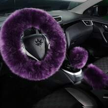Fuzzy Genuine Sheepskin Steering Wheel Cover Set Women Parents-Fluffy Soft Australian Merino Wool Wrap With Gear Shift And Hand Brake Covers, Cozy Stylish Luxury Car Accessories (Orange) - 薰衣草紫 - 查看 9