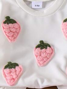 2件套女婴可爱3D草莓印花圆领长袖上衣和休闲裤套装，春秋季