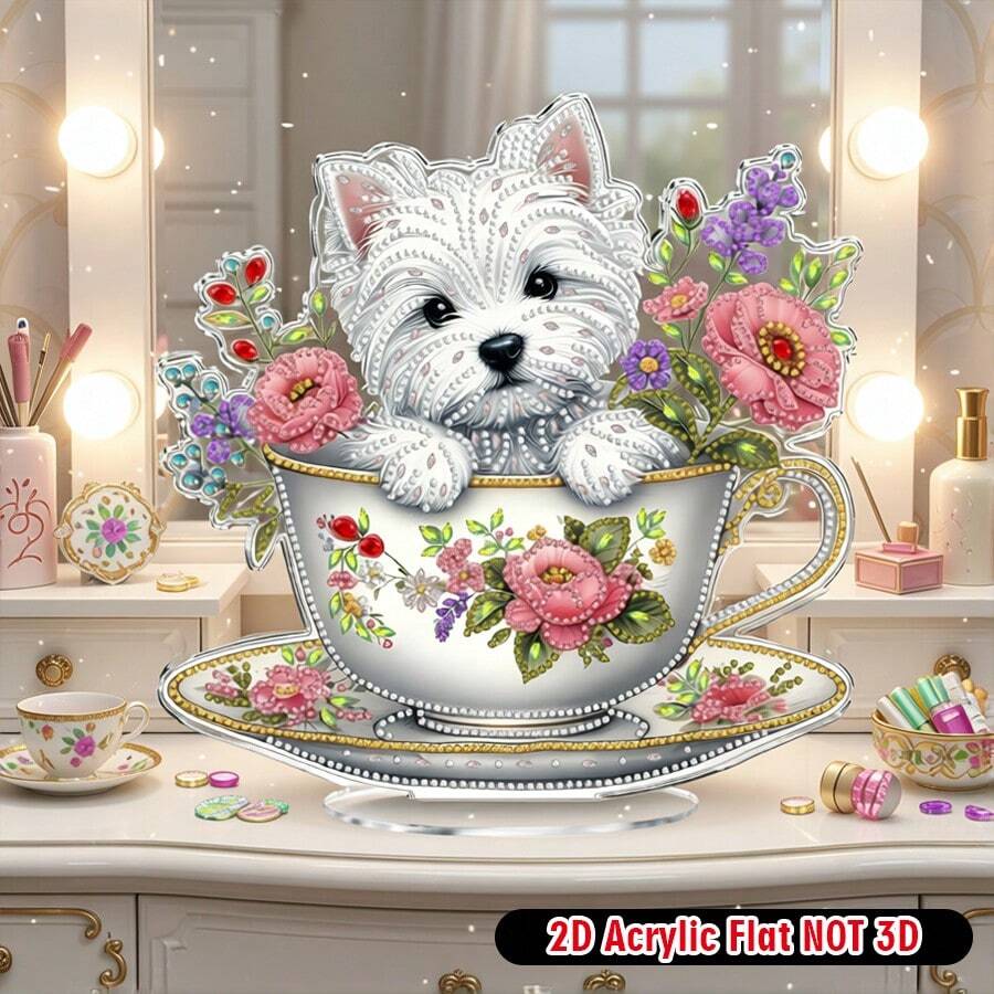 1Pc 2D Flat Acrylic Cute Puppy Diamond Art Painting Kit, 5D DIY Special Shape Crystal Bright Local Diamond Art Painting Mosaic Making Crafts, Handicraft Gifts, Office Desktop Decoration Art, If You Want To Make Your Home More Beautiful And Colorful, Diamond Pattern Can Help You Add Decorative Fun. No Frame - 彩色 - 查看 1