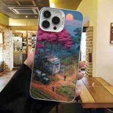 Cubierta de telefono con diseño de bosque mágico y camioneta azul color negro para iPhone 14 Pro Max estilo artístico para uso diario en cafeterias - Blanco - Ver 2