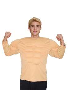1pc Men's Adult Muscular Superhero Costume Tee, Solid Color Funny Fake Chest & Abs Graphic T-Shirt, Cosplay Performance - Apricot - View 1