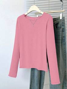 宽松卷边长袖T恤，轻薄面料，修身版型，可作内搭 - 粉色 - 查看 3