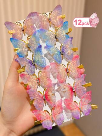 12个彩色闪光蝴蝶发夹，为您的秀发增添魅力，适合日常和休闲佩戴，四季皆宜——送给可爱女孩的完美发饰礼物
