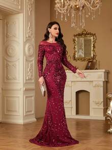 hezixi Đầm đuôi cá lưới đính sequin thanh lịch, đầm dự tiệc, đầm dự đám cưới, đầm dạ hội, đầm mùa xuân. - Màu Đỏ Sâu - Xem 10