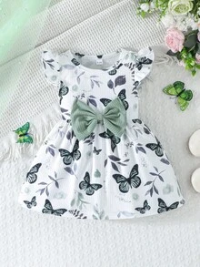 2件套幼儿圆领短袖蝴蝶印花和纯色罗纹简约可爱套装，春夏款