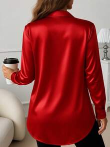 Áo sơ mi nữ cỡ lớn chất liệu satin mềm mại, kiểu dáng thường ngày, dễ phối đồ, thích hợp cho mùa xuân. - Đỏ - Xem 2