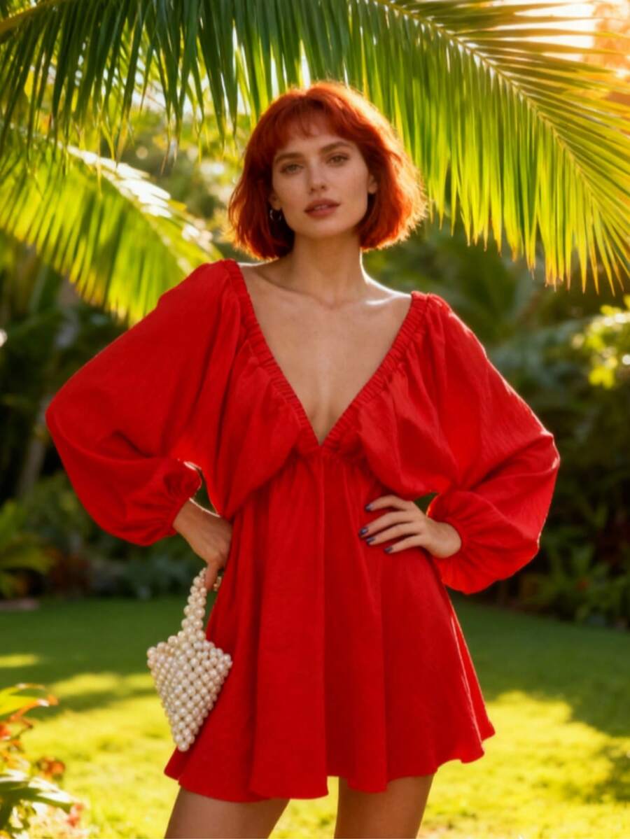 女士纯色深V领灯笼袖短款喇叭裙，女士夏季度假纯色深V领灯笼袖露背连衣裙