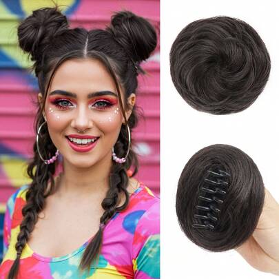 2pcs Mini Space Bun Clip-In Hair Extensions, Women Natural Messy Bun Hairpieces, Suitable For Daily Brown & Golden Hairstyles