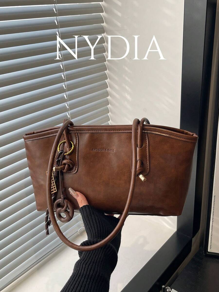 1pc Vintage Oiled Leather Handbag, Knotted Handle Design, Convertible Shoulder & Hand Carry, College Style, Multipurpose Commute & School Tote Bag (Slight Color Difference Between Actual Product And Image May Occur Due To Lighting And Angle During Photography) - Brown - View 1
