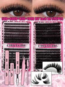 640/592/576片D型卷翘10-16mm混合假睫毛，大容量10D-150D DIY睫毛簇套装，包含粘合剂、睫毛刷和睫毛嫁接镊子，妆效自然，可重复使用，适合日常妆容、婚礼、派对、圣诞节和旅行使用。 - 粉色 - 查看 14