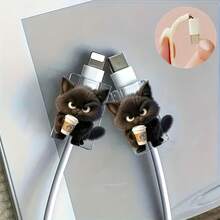 2pcs Cute Cartoon 2D Acrylic Cat Charging Cable Protector, Prevent Breakage, Suitable For Type-C/Lightning Interface - Black - View 3