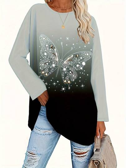 Damtopp med långärmad fjärilsmönster i plusstorlek, lämplig för vardagsbruk i höst- och vinterkläder