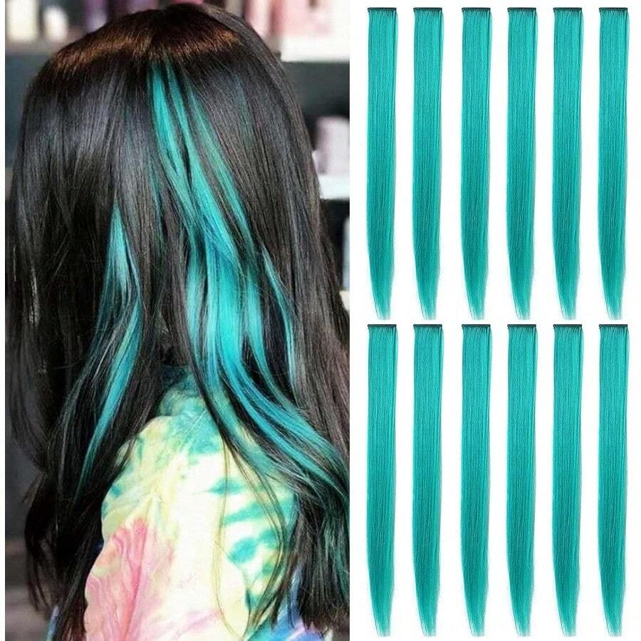 PCS Colored Hairpieces Multi-Colors Party High Clip In Hair Heat-Resistant Synthetic Hair Extensions 20 Inch Teal - Teal - View 1