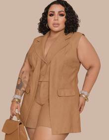 Women's Premium Plus Size Double Vest And Shorts Set - 卡布奇諾 - 查看 3