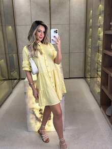 Women's Striped Midi Dress With Shirt Collar And Bishop Sleeves, Casual, With Buttons, Asymmetrical Hem, Summer And Beach. - 黃色 - 查看 3