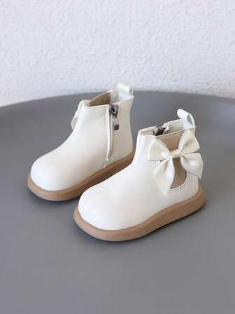 1 Pair Children/Girls' Bow Decor Zipper Round Toe Slip-On Flat Boots, Cute & Sweet Style, Leather Short Boots For Daily Wear, Autumn/Winter, Birthday Party & Social Occasions [Choose Size Based On Actual Cm Measurement]