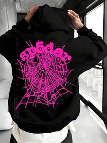 SP5DER Men's Loose And Thick Hoodie, Printed Long-Sleeve Hooded Sweatshirt, Street Style, An Ideal New Year & Christmas Gift For Friends, Husbands, And Boyfriends, Fall/Winter Style - 黑色3 - 查看 2
