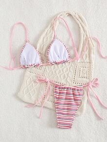 PEPPERMOLLY 新款柔软条纹毛巾布可调节肩带后系性感比基尼套装，夏季沙滩时尚女士泳装度假装 - 粉色 - 查看 3