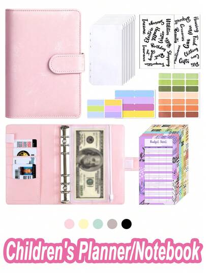 1 st. A6 lösbladsanteckningsbok för barn, schemaläggningsbok, lösbladsmapp i sammet och läder med blixtlåsficka, budgetplanerare
