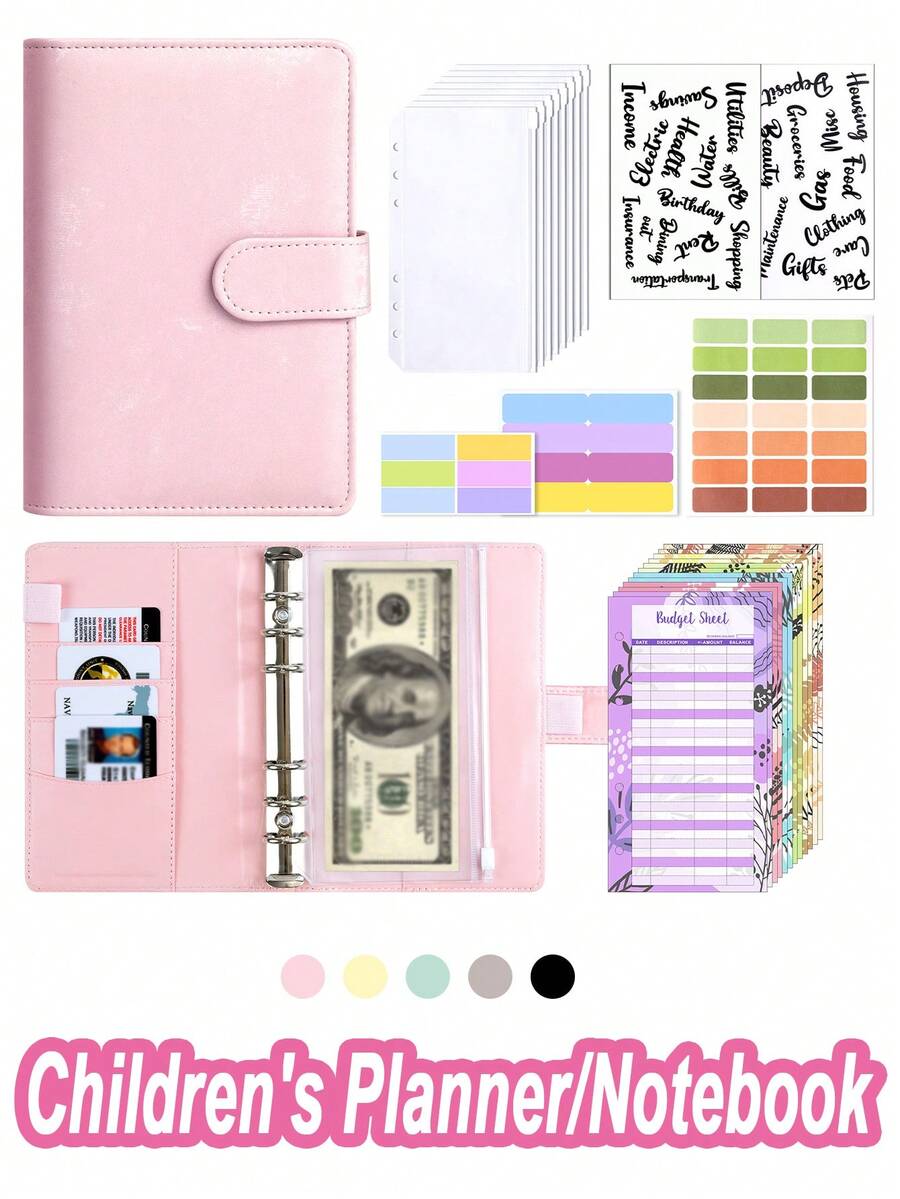 1pc Children A6 Loose-Leaf Notebook, Learning Schedule Record Book, Velvet Leather Loose-Leaf Folder With Zipper Pocket, Budget Planner