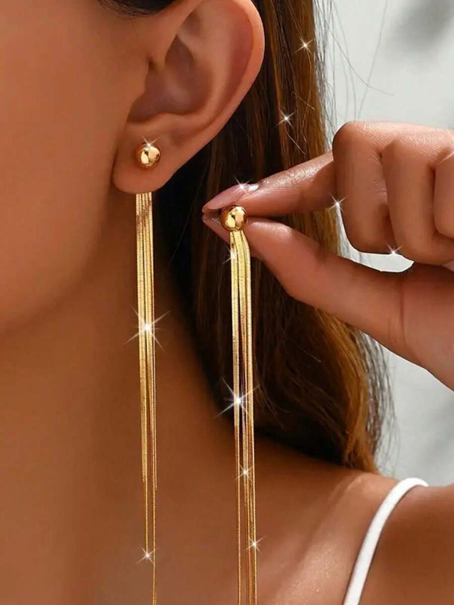 1 Pair Minimalist Design Long Tassel Snake Bone Chain Earrings - Gold - View 1