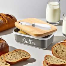 Iron Butter Tray With Bamboo Cover And Knife Airtight Cheese Storage Box Kitchen Storage Items Butter Storage Container - Grey - View 2