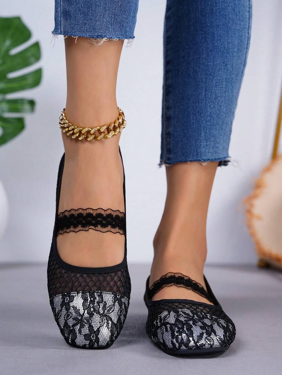 新款个性化黑色网眼性感蕾丝透气女士平底凉鞋玛丽珍芭蕾舞鞋套脚式，轻便舒适易穿搭，休闲手工女鞋 - 黑色 - 查看 1