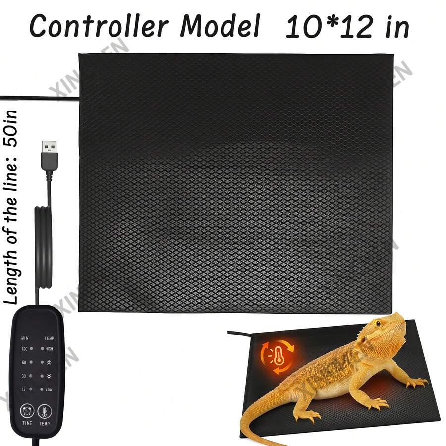 10W Reptile Heating Pad Tank Warmer With Temperature Control, Power Adjustment Under Terrarium Heater Heat Mat For Reptiles Turtle, Tortoise, Snakes, Lizard - Black - View 1