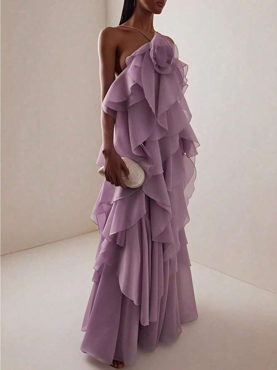 Women's Long Dress With Halter Style - A Beachy, Elegant Dress Featuring A Layered Floral Halter Neck Design - 紫色 - 查看 1