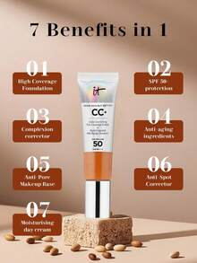 IT Cosmetics 焕肤CC霜，SPF 50+，暖棕色，32毫升/1.08盎司 | 集粉底和护肤于一体 | SPF 50+广谱防晒，有效抵御紫外线伤害 | 蕴含保湿成分，包括透明质酸、抗氧化剂和肽，令肌肤健康透亮