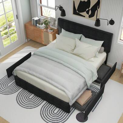 Gepolstertes Bett mit 4 Schubladen, Doppelbett mit Lattenrost, Stauraumbett, höhenverstellbares Kopfteil & quadratisches Steppdesign, Metalllattenrost, Leinenmaterial (140*200 cm, Schwarz)