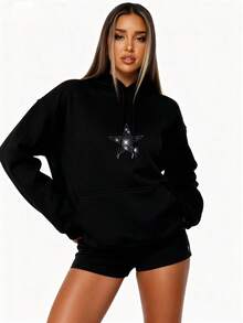 Sweat-shirt à capuche court avec strass en forme d'étoile LOVE JOYY pour femmes, ample, élégant et décontracté, parfait pour le port quotidien en automne et en hiver. Top noir à manches longues