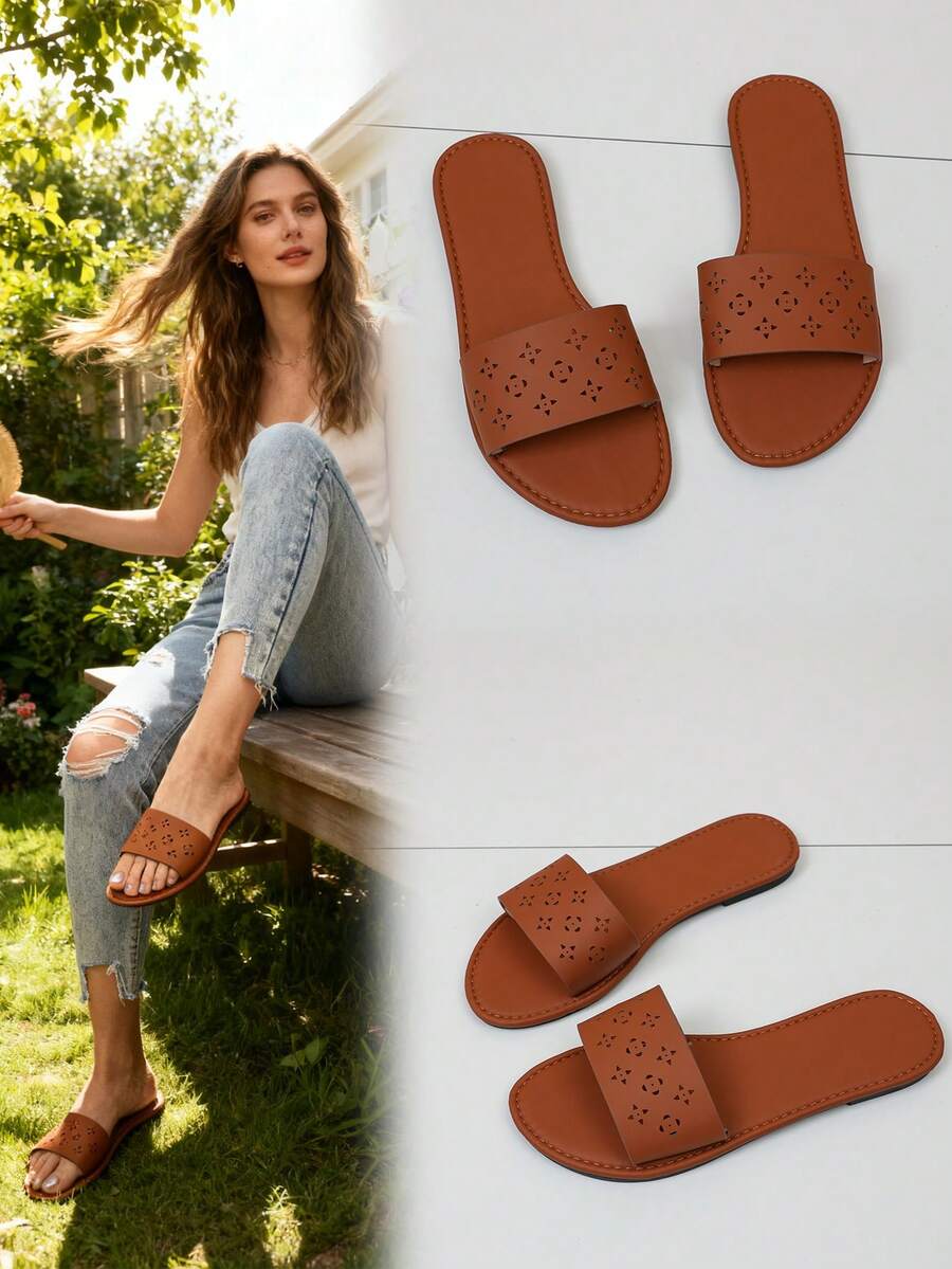 Brown Hollow-Out Women's Sandals - Breathable Open Toe Flat Slippers, Fashionable Hollow-Out Daily Sandals, Comfortable & Versatile, Essential Casual Street Style Item For Summer - Brown - View 1