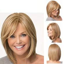 Peruca elegante, cabelo curto de elfa, penteado de estudante com gradiente dourado, bobo tingido no topo da cabeça, capa de peruca de fibra sintética com dobradiça para dentro, densidade de 150%, fibra sintética, adequada para mulheres brancas, perucas femininas