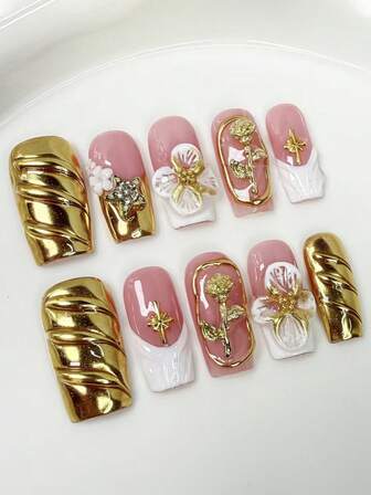 10片玫瑰金金属质感方形中长法式3D雕刻美甲贴片，适合Y2K软妹日常佩戴