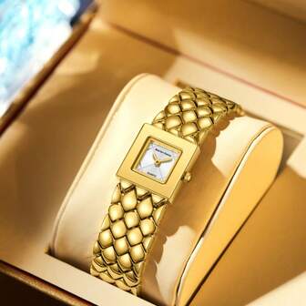Reloj de cuarzo de moda para mujer, estilo cuadrado, pulsera de acero inoxidable dorado