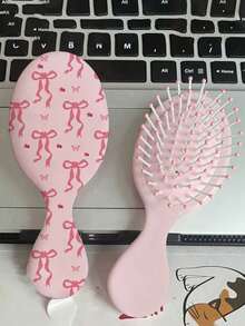 1 Pc Bow Comb Pink Leopard Print Comb Fruit Cherry Comb Kawaii Cute Cartoon Compact Air Cushion Massage Comb Hair Brush, Home Use ,Hair Styling Kit ,Hair Tool Kit - Bow-print Comb - View 4